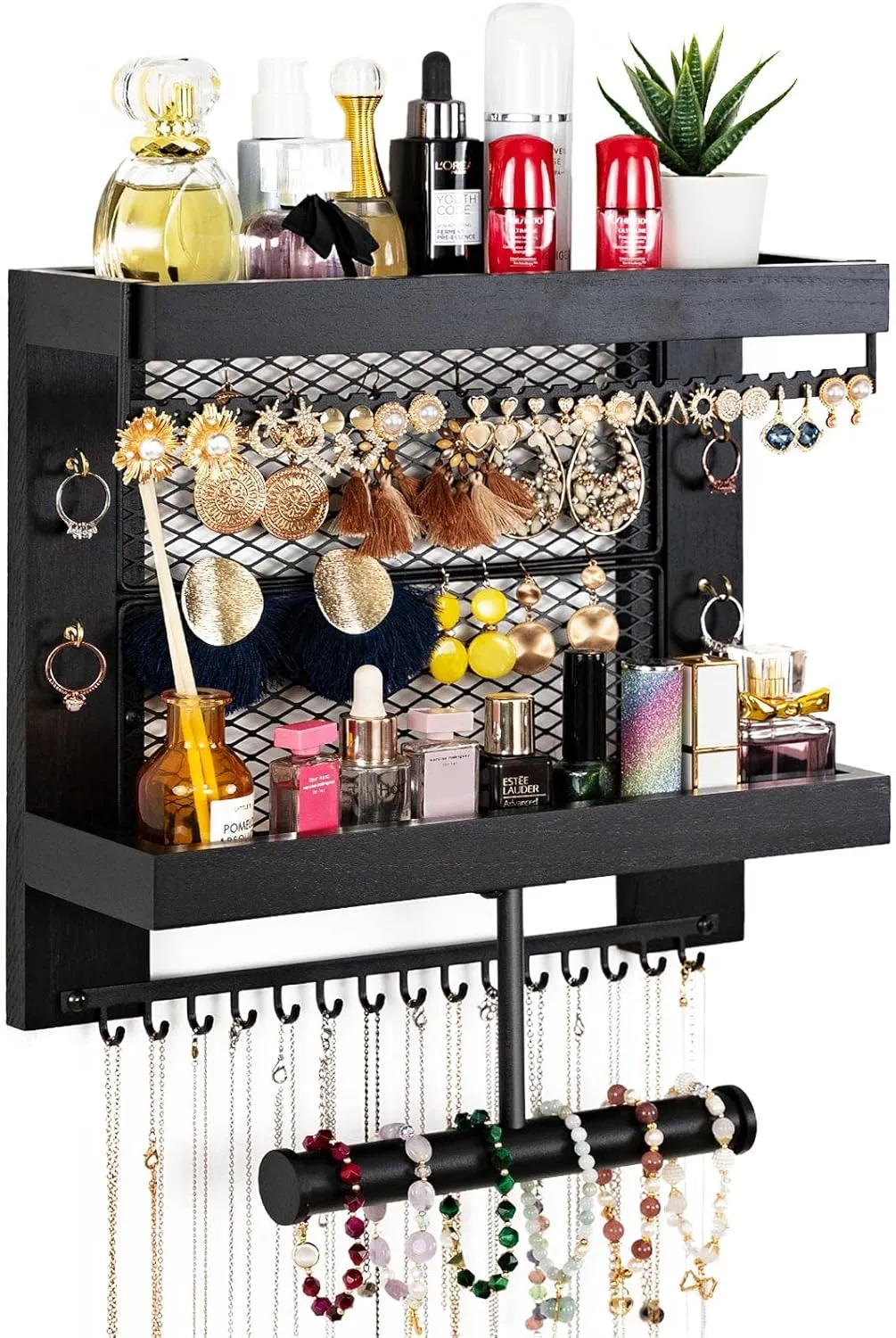 Pinzoveco Hanging Jewelry Organizer Wall Mounted With Wall Jewelry Organizer Holder For Necklaces Bracelet Earrings Ring (Black)