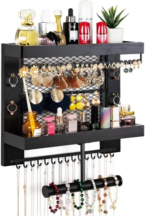Pinzoveco Hanging Jewelry Organizer Wall Mounted With Wall Jewelry Organizer Holder For Necklaces Bracelet Earrings Ring (Black)