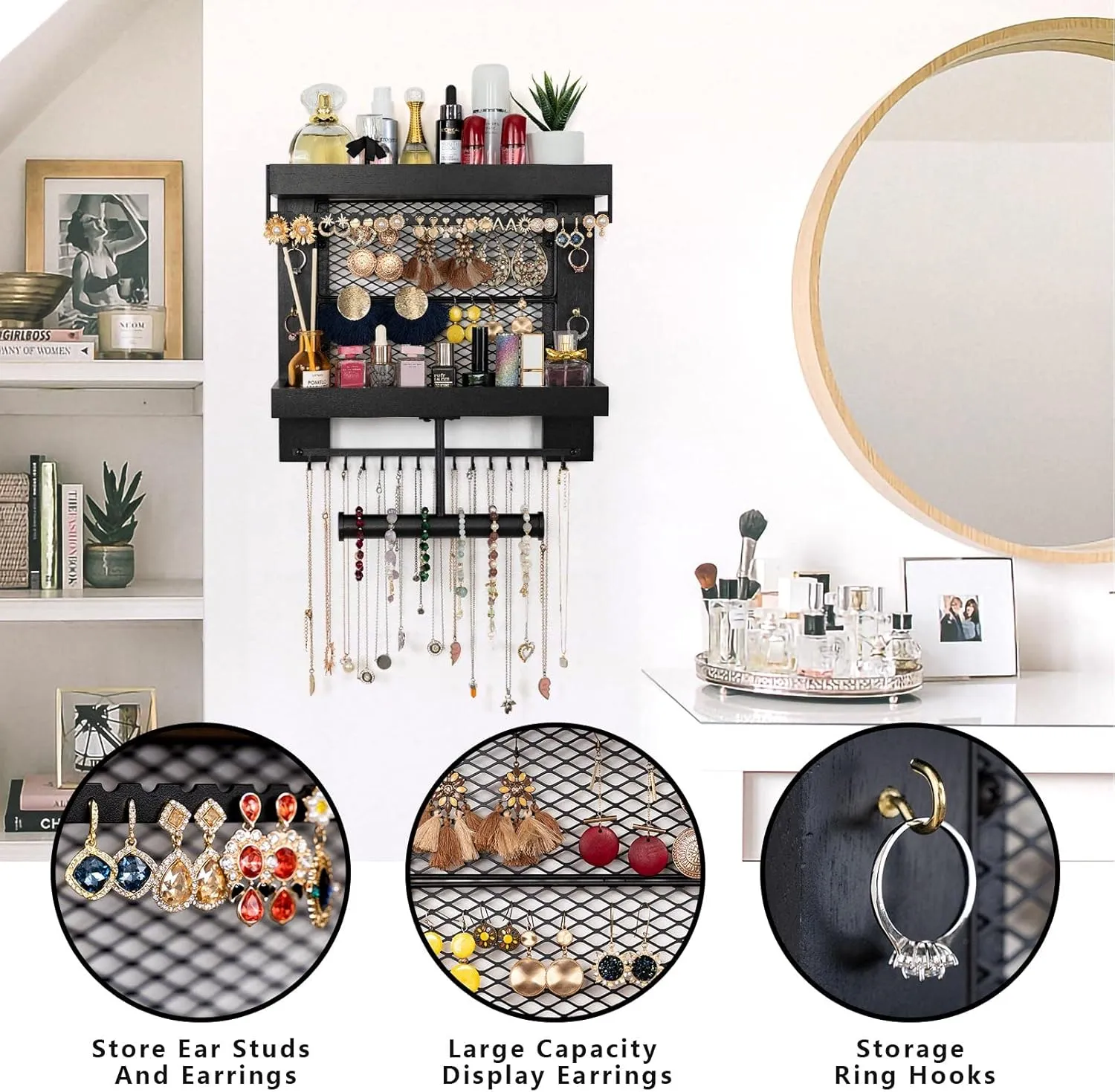 Pinzoveco Hanging Jewelry Organizer Wall Mounted With Wall Jewelry Organizer Holder For Necklaces Bracelet Earrings Ring (Black)