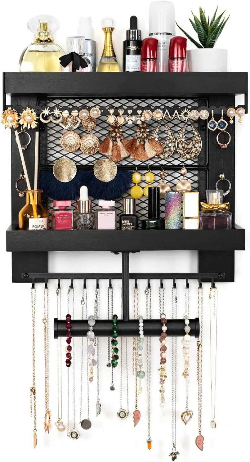 Pinzoveco Hanging Jewelry Organizer Wall Mounted With Wall Jewelry Organizer Holder For Necklaces Bracelet Earrings Ring (Black)