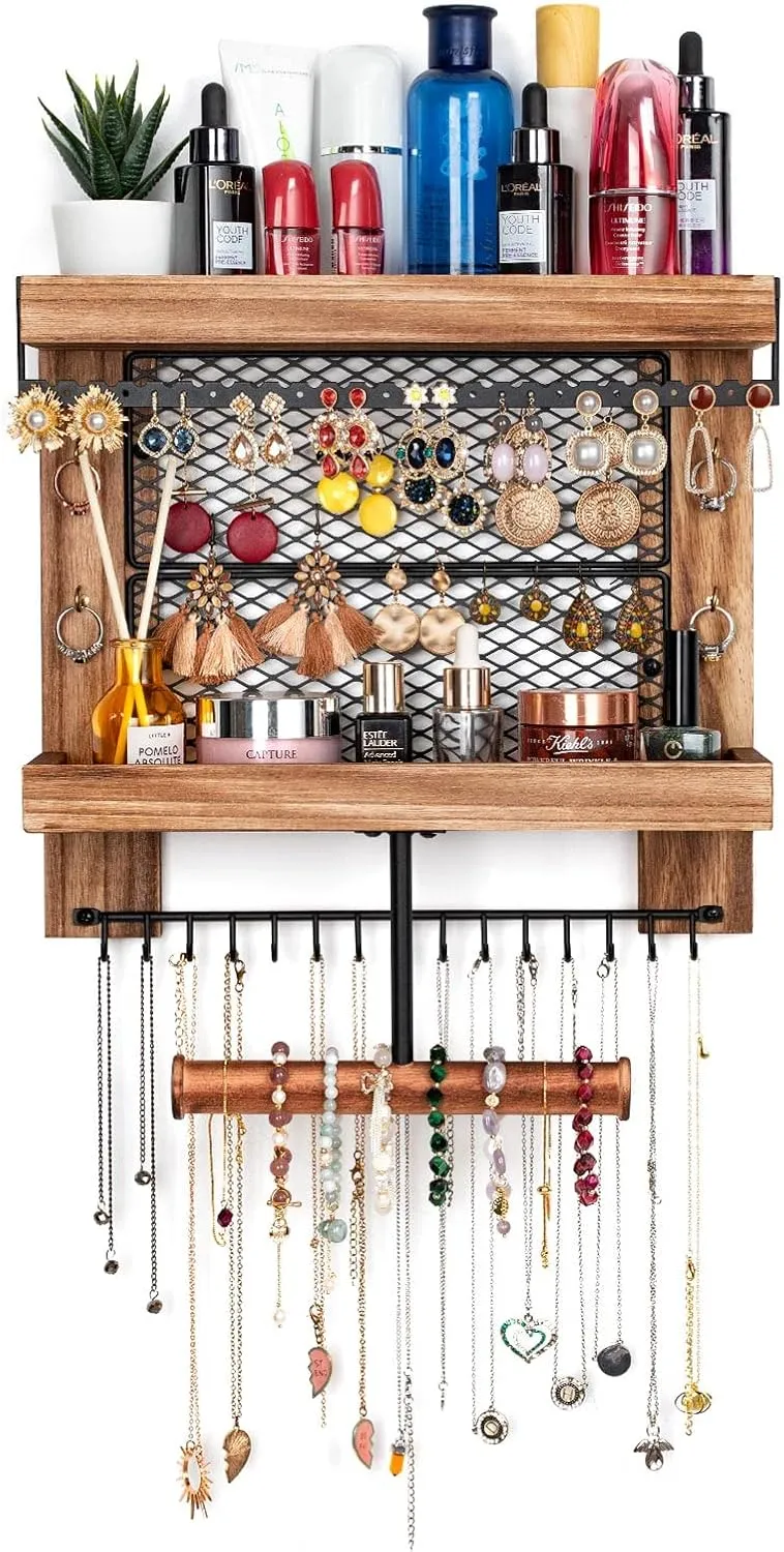 Pinzoveco Hanging Jewelry Organizer Wall Mounted With Wall Jewelry Organizer Holder For Necklaces Bracelet Earrings Ring (Rustic Wood)