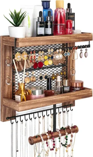 Pinzoveco Hanging Jewelry Organizer Wall Mounted With Wall Jewelry Organizer Holder For Necklaces Bracelet Earrings Ring (Rustic Wood)