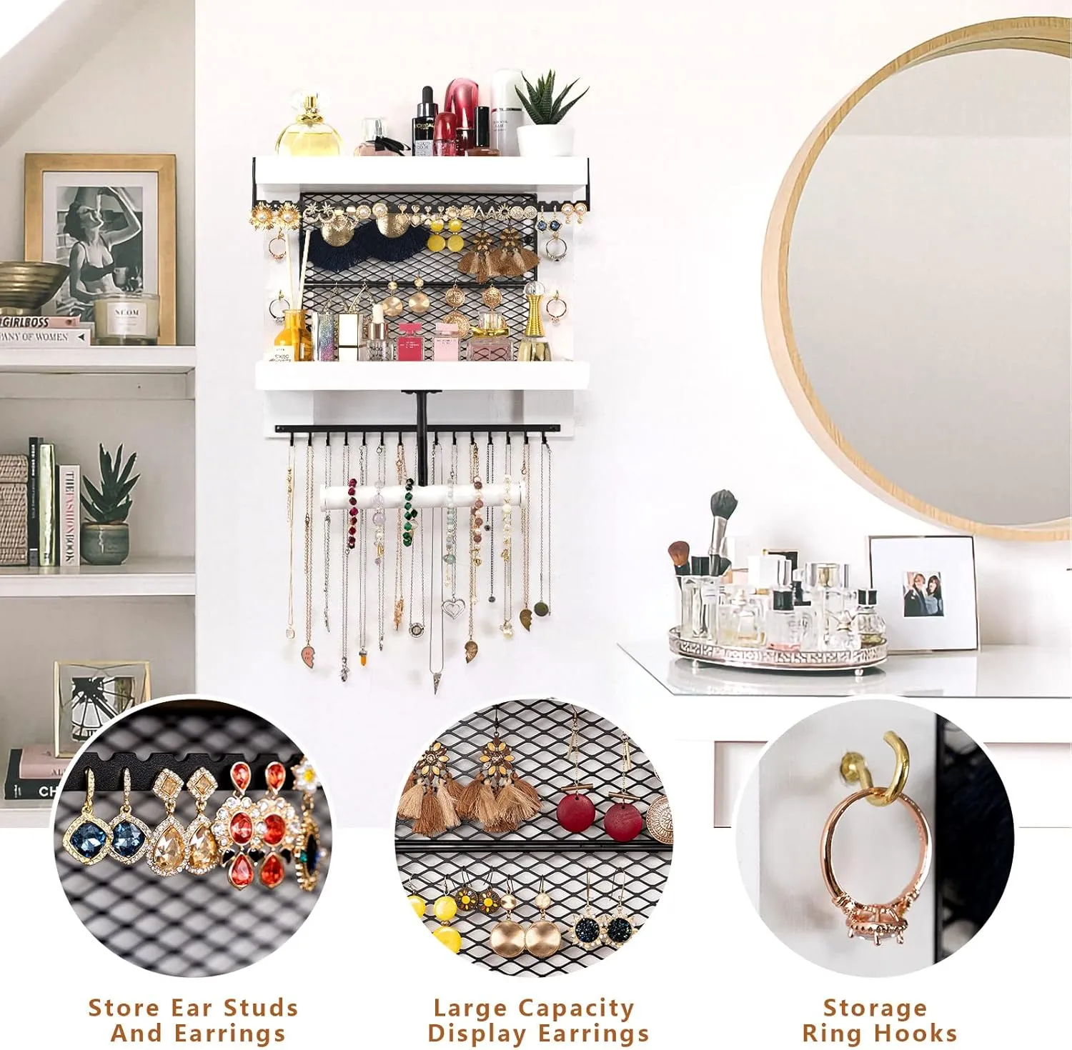 Pinzoveco Hanging Jewelry Organizer Wall Mounted With Wall Jewelry Organizer Holder For Necklaces Bracelet Earrings Ring (White)