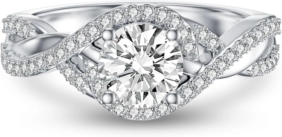 Platinum Plated 1.28 Carat (ctw) Moissanite Twisted Engagement Ring D Color VVS Clarity 925 Sterling Silver Infinity Promise Ring