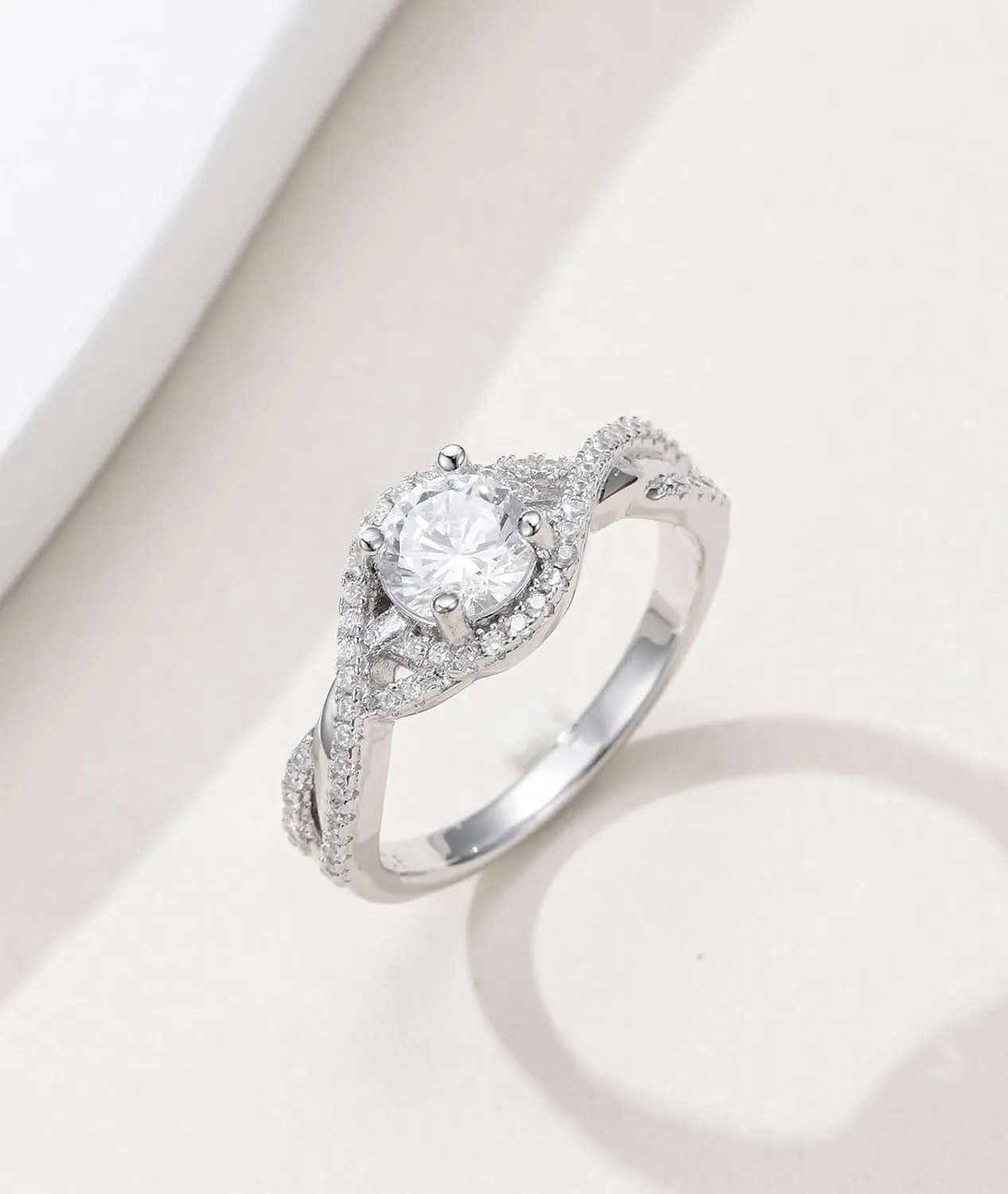 Platinum Plated 1.28 Carat (ctw) Moissanite Twisted Engagement Ring D Color VVS Clarity 925 Sterling Silver Infinity Promise Ring