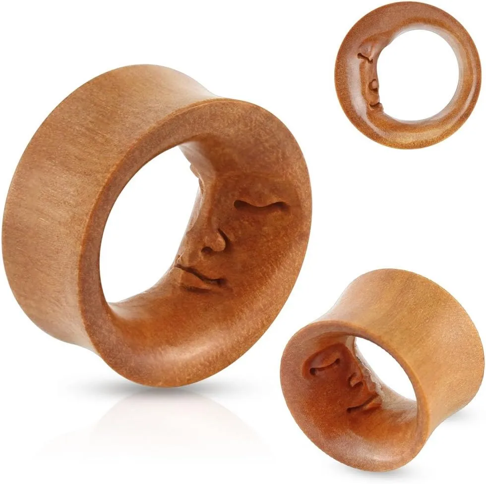Plugs Earrings Face of Moon Hand Carved Saddle Fit Sawo Wood Organic Tunnel 5/8" Plug SLD as a Pair