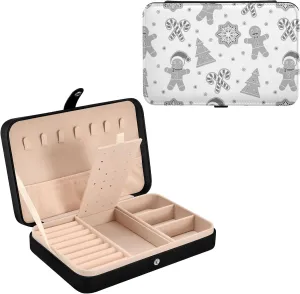 Poeticcity Christmas Gingerbread Man Cookies Snow Flake Tree candy Cane Travel Jewelry Box, PU Leather Small Jewelry Organizer for Women, Black Storage Holder Boxes for Earrings, Rings, Necklaces