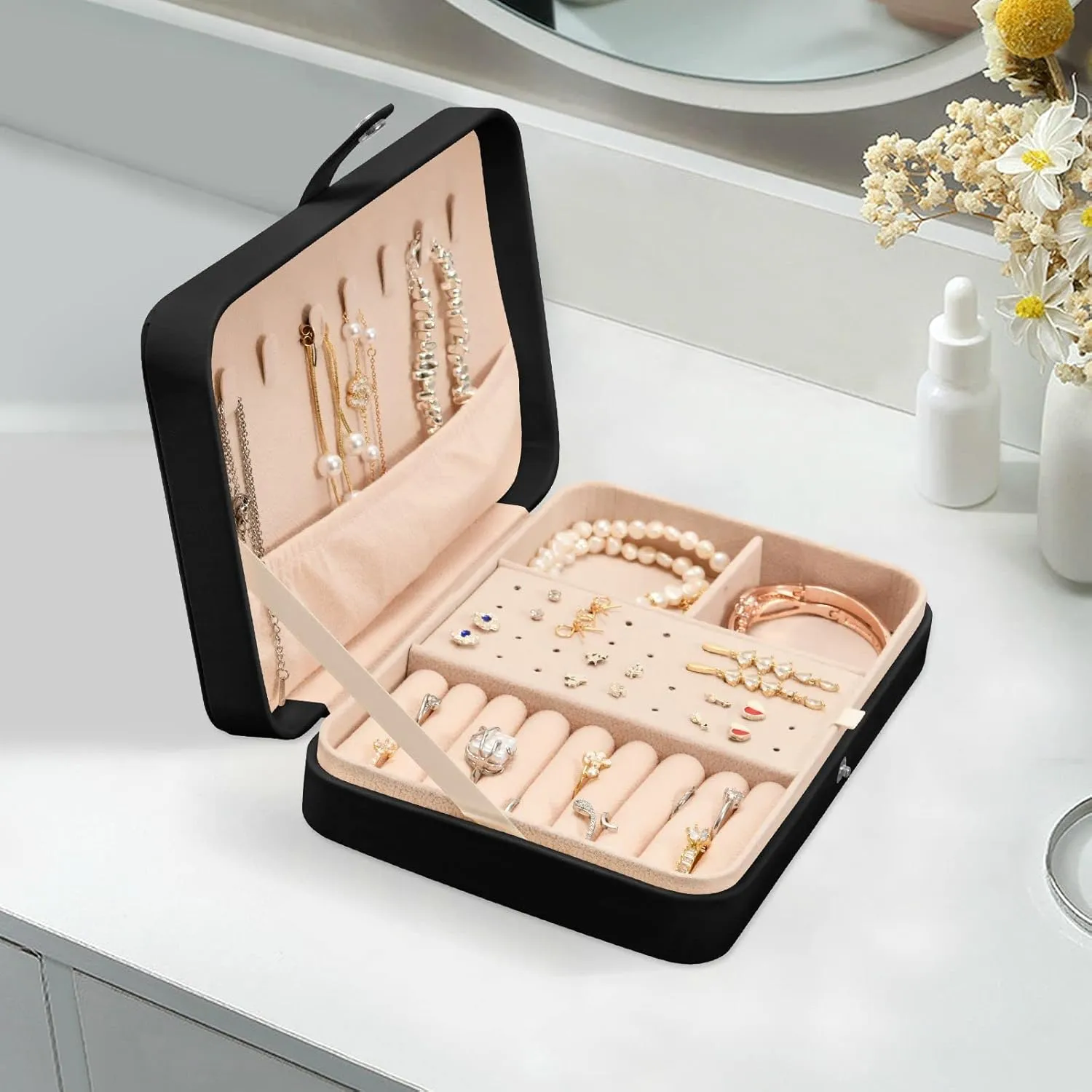 Poeticcity Christmas Gingerbread Man Cookies Snow Flake Tree candy Cane Travel Jewelry Box, PU Leather Small Jewelry Organizer for Women, Black Storage Holder Boxes for Earrings, Rings, Necklaces