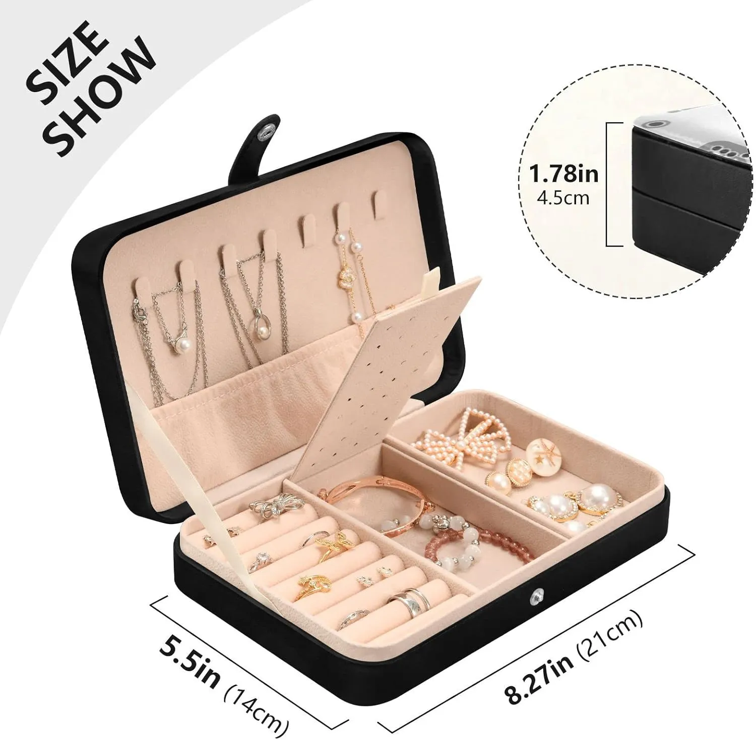 Poeticcity Christmas Gingerbread Man Cookies Snow Flake Tree candy Cane Travel Jewelry Box, PU Leather Small Jewelry Organizer for Women, Black Storage Holder Boxes for Earrings, Rings, Necklaces