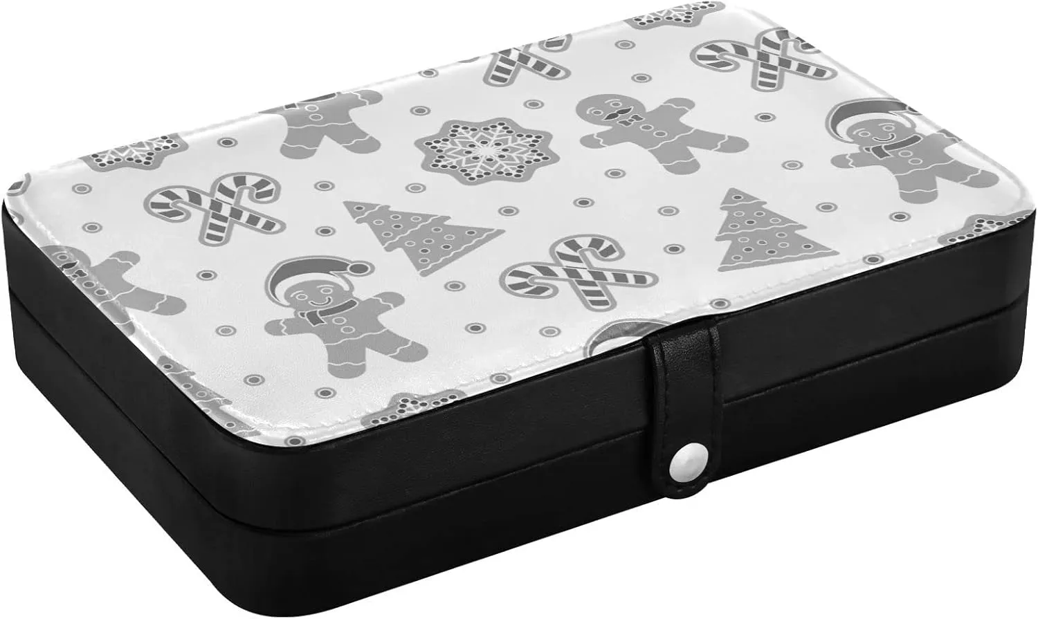 Poeticcity Christmas Gingerbread Man Cookies Snow Flake Tree candy Cane Travel Jewelry Box, PU Leather Small Jewelry Organizer for Women, Black Storage Holder Boxes for Earrings, Rings, Necklaces