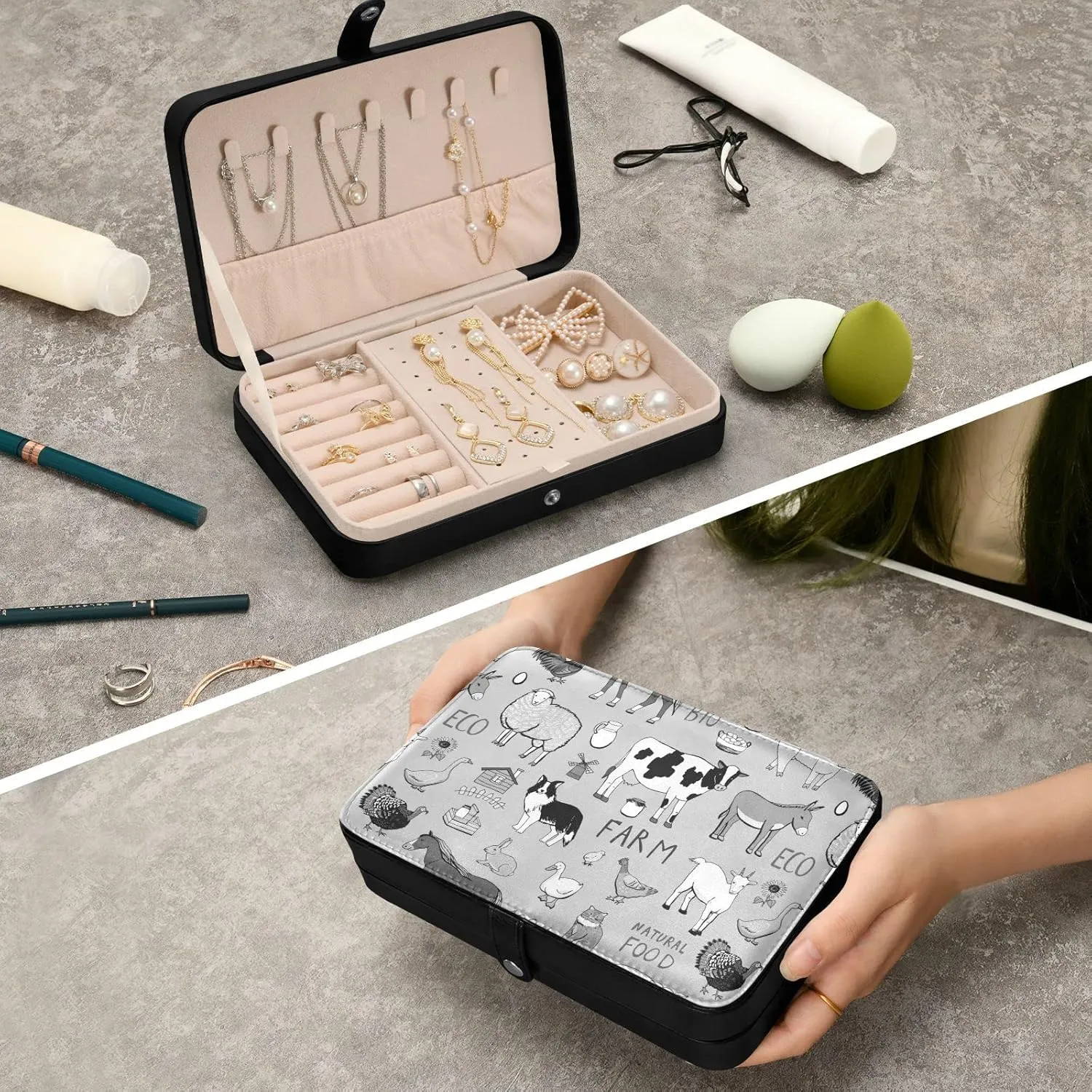 Poeticcity Farm Rooster Milk Cow Donkey Pig Sheep Cat Dog Rabbit on Grey Travel Jewelry Box, PU Leather Small Jewelry Organizer for Women, Black Storage Holder Boxes for Earrings, Rings, Necklaces