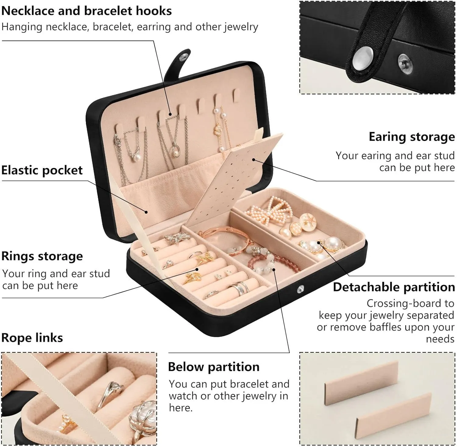 Poeticcity Farm Rooster Milk Cow Donkey Pig Sheep Cat Dog Rabbit on Grey Travel Jewelry Box, PU Leather Small Jewelry Organizer for Women, Black Storage Holder Boxes for Earrings, Rings, Necklaces