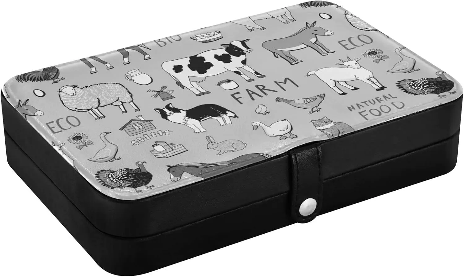 Poeticcity Farm Rooster Milk Cow Donkey Pig Sheep Cat Dog Rabbit on Grey Travel Jewelry Box, PU Leather Small Jewelry Organizer for Women, Black Storage Holder Boxes for Earrings, Rings, Necklaces