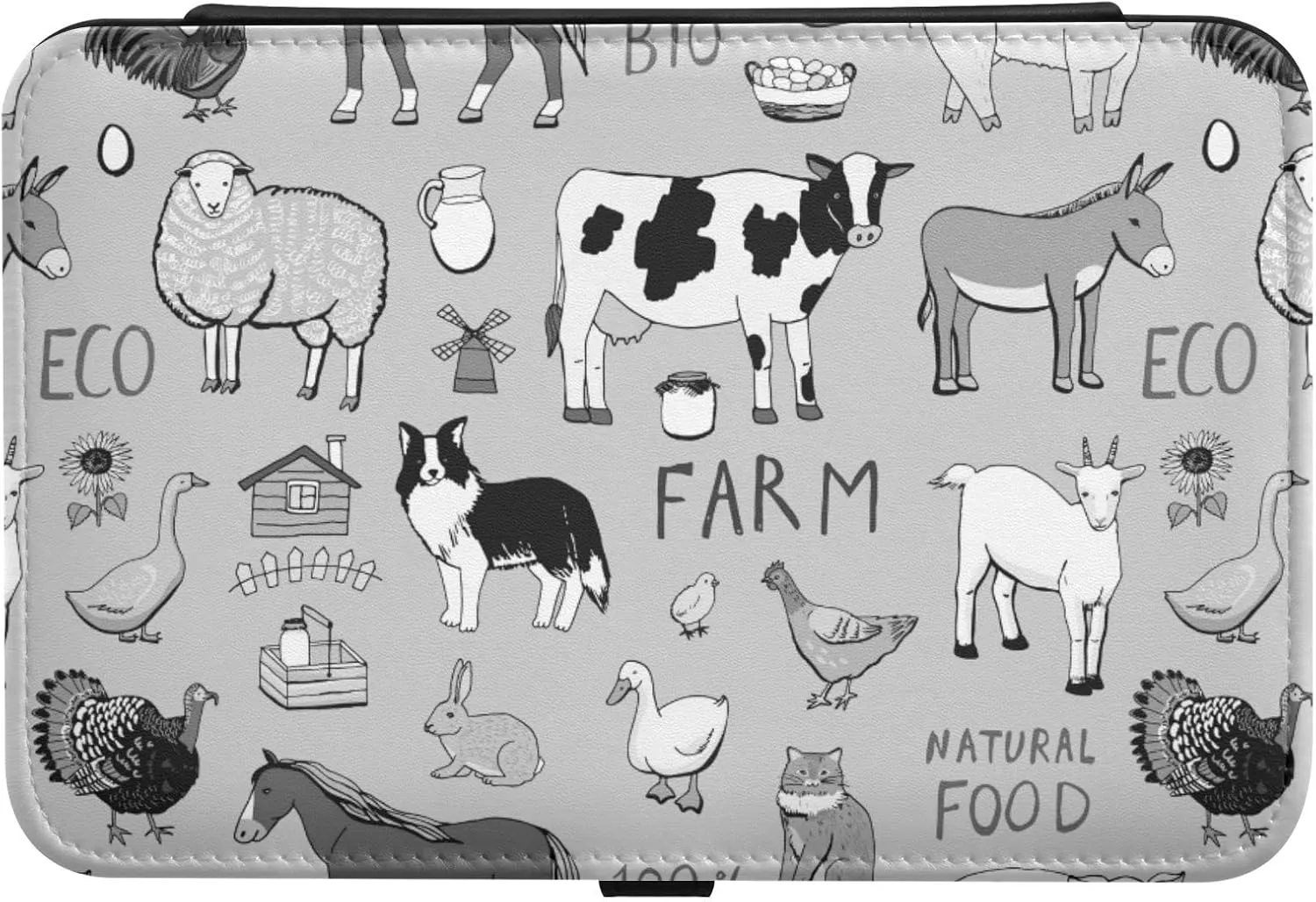 Poeticcity Farm Rooster Milk Cow Donkey Pig Sheep Cat Dog Rabbit on Grey Travel Jewelry Box, PU Leather Small Jewelry Organizer for Women, Black Storage Holder Boxes for Earrings, Rings, Necklaces