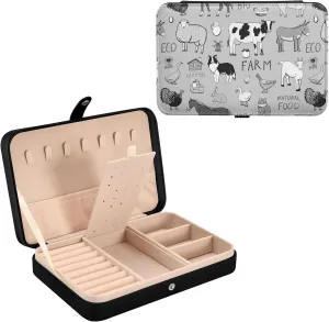 Poeticcity Farm Rooster Milk Cow Donkey Pig Sheep Cat Dog Rabbit on Grey Travel Jewelry Box, PU Leather Small Jewelry Organizer for Women, Black Storage Holder Boxes for Earrings, Rings, Necklaces
