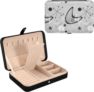 Poeticcity Seamless Vintage Atomic Retro mid Century 1950 Black Grey Style Travel Jewelry Box, PU Leather Small Jewelry Organizer for Women, Black Storage Holder Boxes for Earrings, Rings, Necklaces