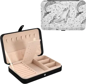Poeticcity Watercolor Pink Dolphin Ethnic Tribal Dolphins Dots Black White Travel Jewelry Box, PU Leather Small Jewelry Organizer for Women, Black Storage Holder Boxes for Earrings, Rings, Necklaces