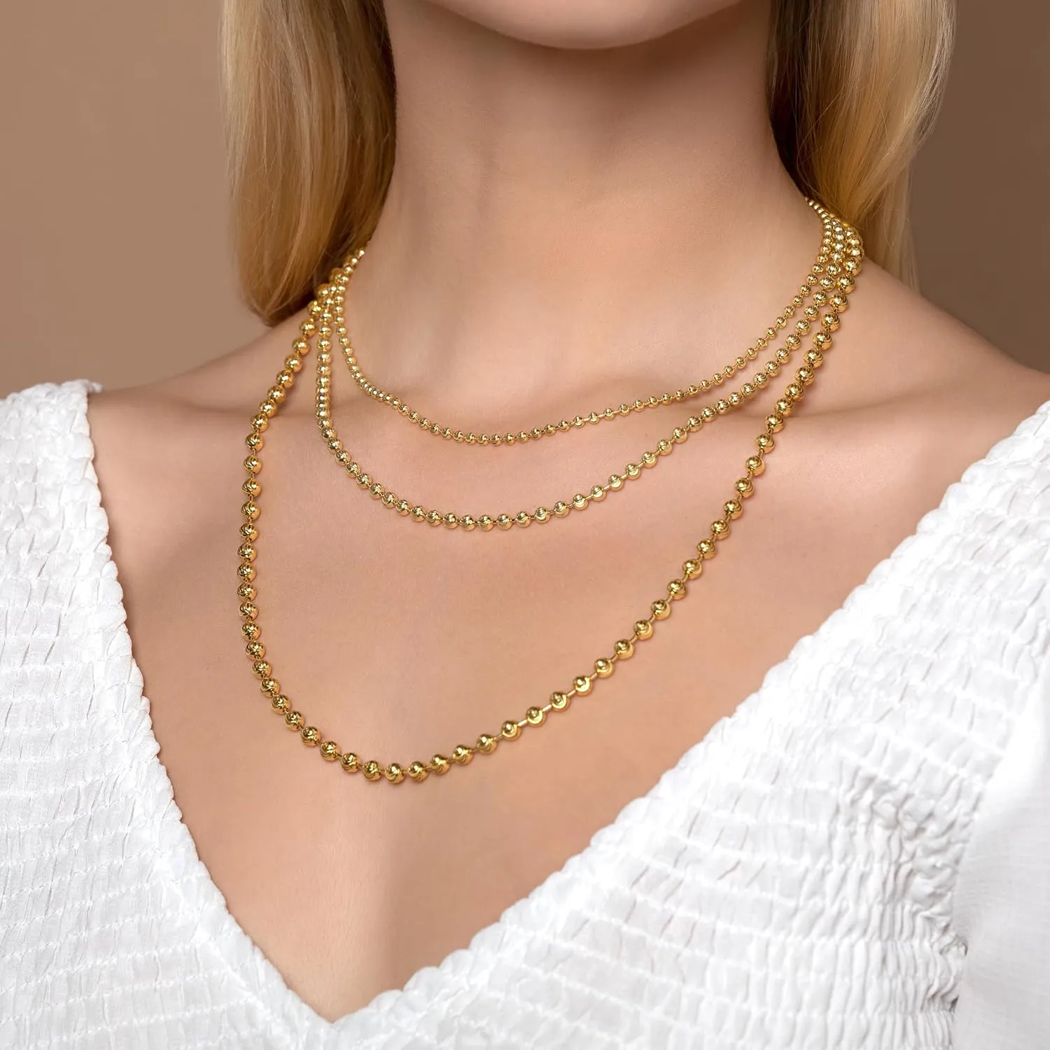 PORI JEWELERS 925 Sterling Silver 3mm, 4mm, 5mm Moon Cut Bead Chain Necklace - Made in Italy - Yellow, Silver