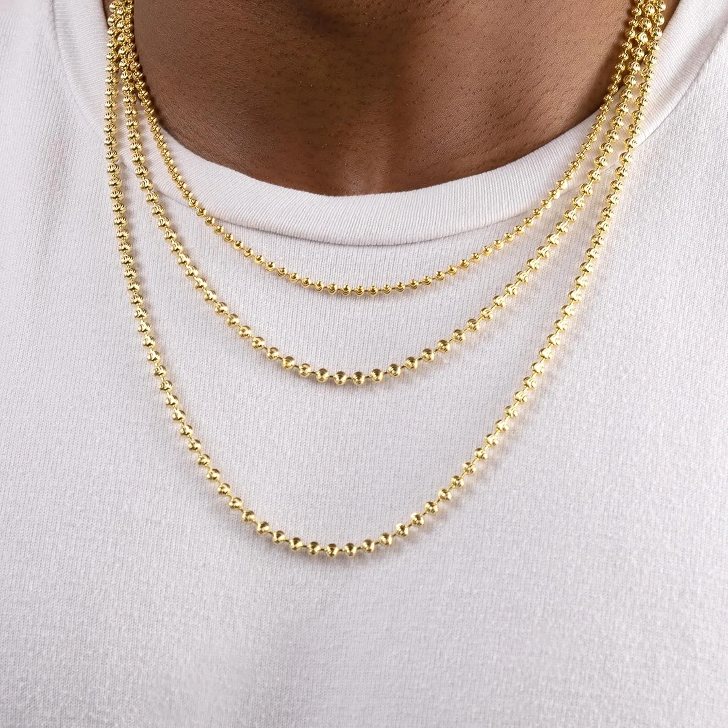 PORI JEWELERS 925 Sterling Silver 3mm, 4mm, 5mm Moon Cut Bead Chain Necklace - Made in Italy - Yellow, Silver