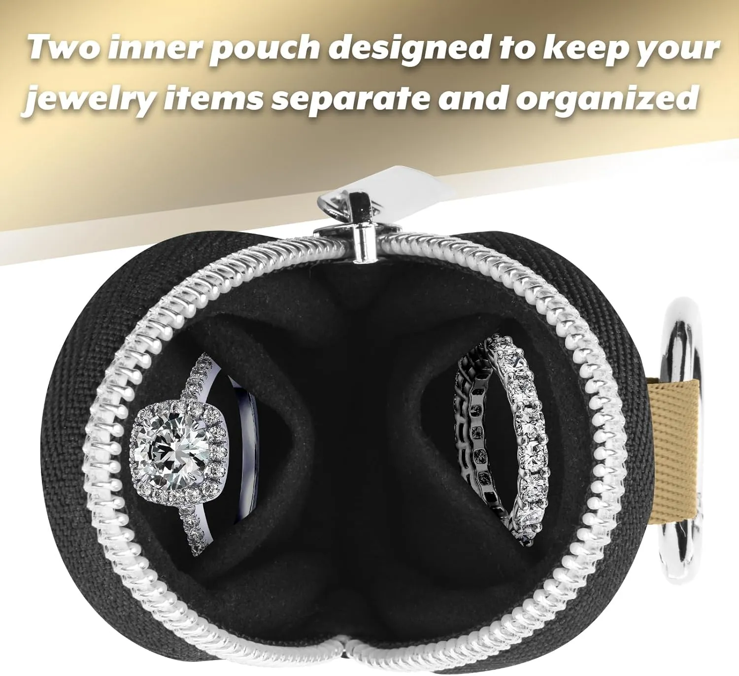 Portable Ring Organizer Case with Keychain, Traveling Ring Holder Storage Bag, Anti-Lost Keychain Container for Rings, Jewelry (1, Golden)