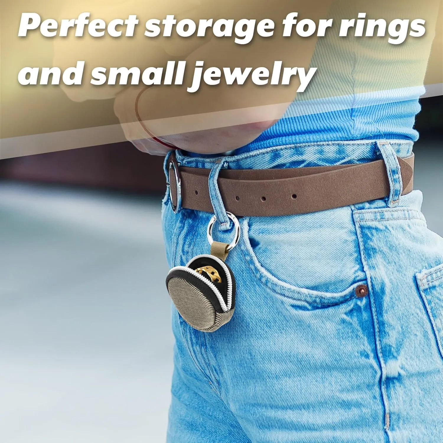 Portable Ring Organizer Case with Keychain, Traveling Ring Holder Storage Bag, Anti-Lost Keychain Container for Rings, Jewelry (1, Golden)