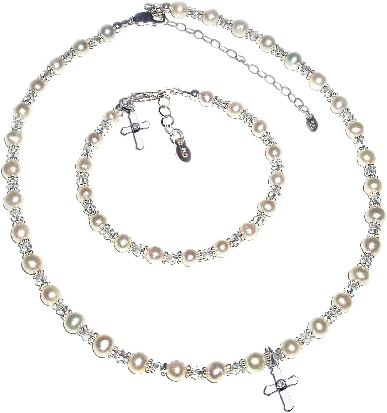 Precious Pieces Children's Sterling Silver Cross Bracelet and/or Necklace with Cultured Pearl and Crystal First Communion, Baptism or Christening Gift