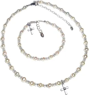 Precious Pieces Children's Sterling Silver Cross Bracelet and/or Necklace with Cultured Pearl and Crystal First Communion, Baptism or Christening Gift