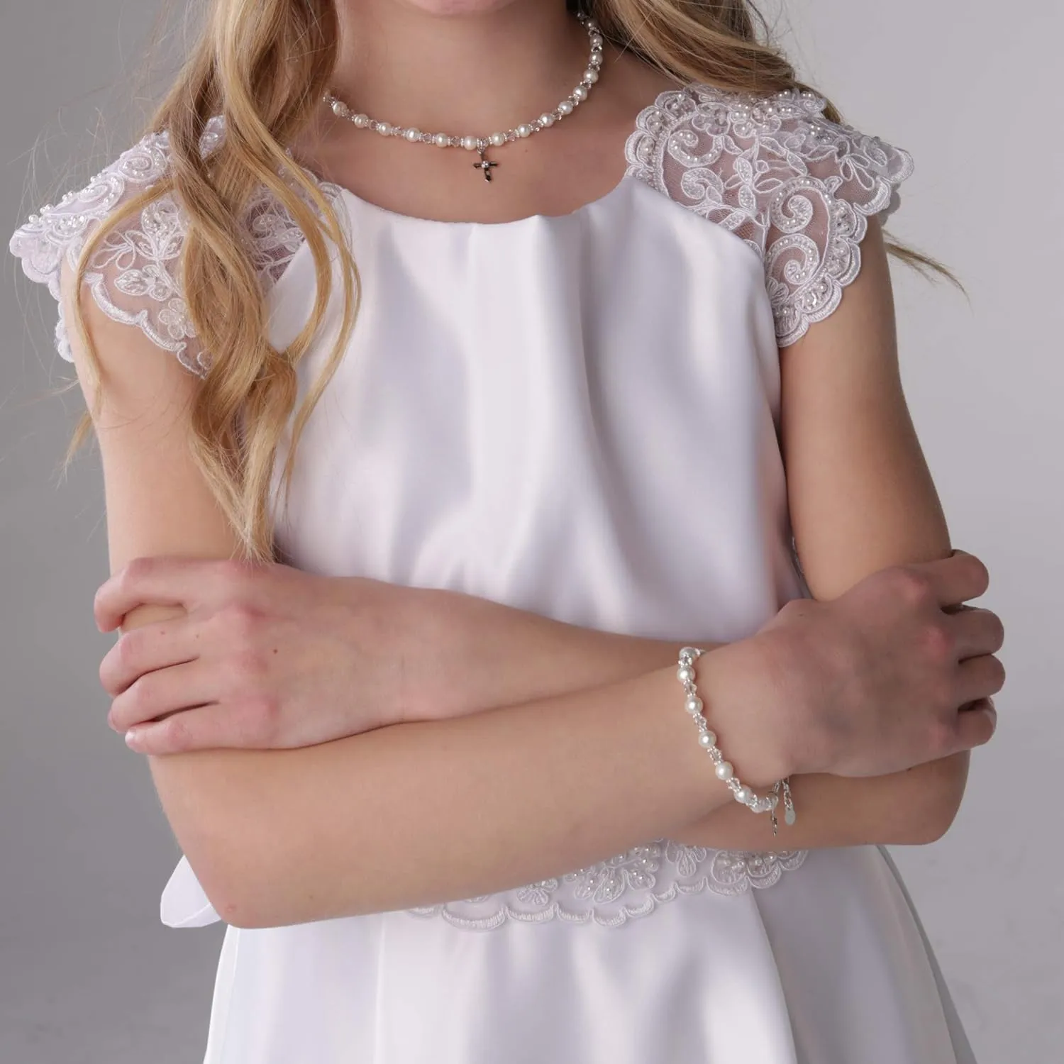 Precious Pieces Children's Sterling Silver Cross Bracelet and/or Necklace with Cultured Pearl and Crystal First Communion, Baptism or Christening Gift