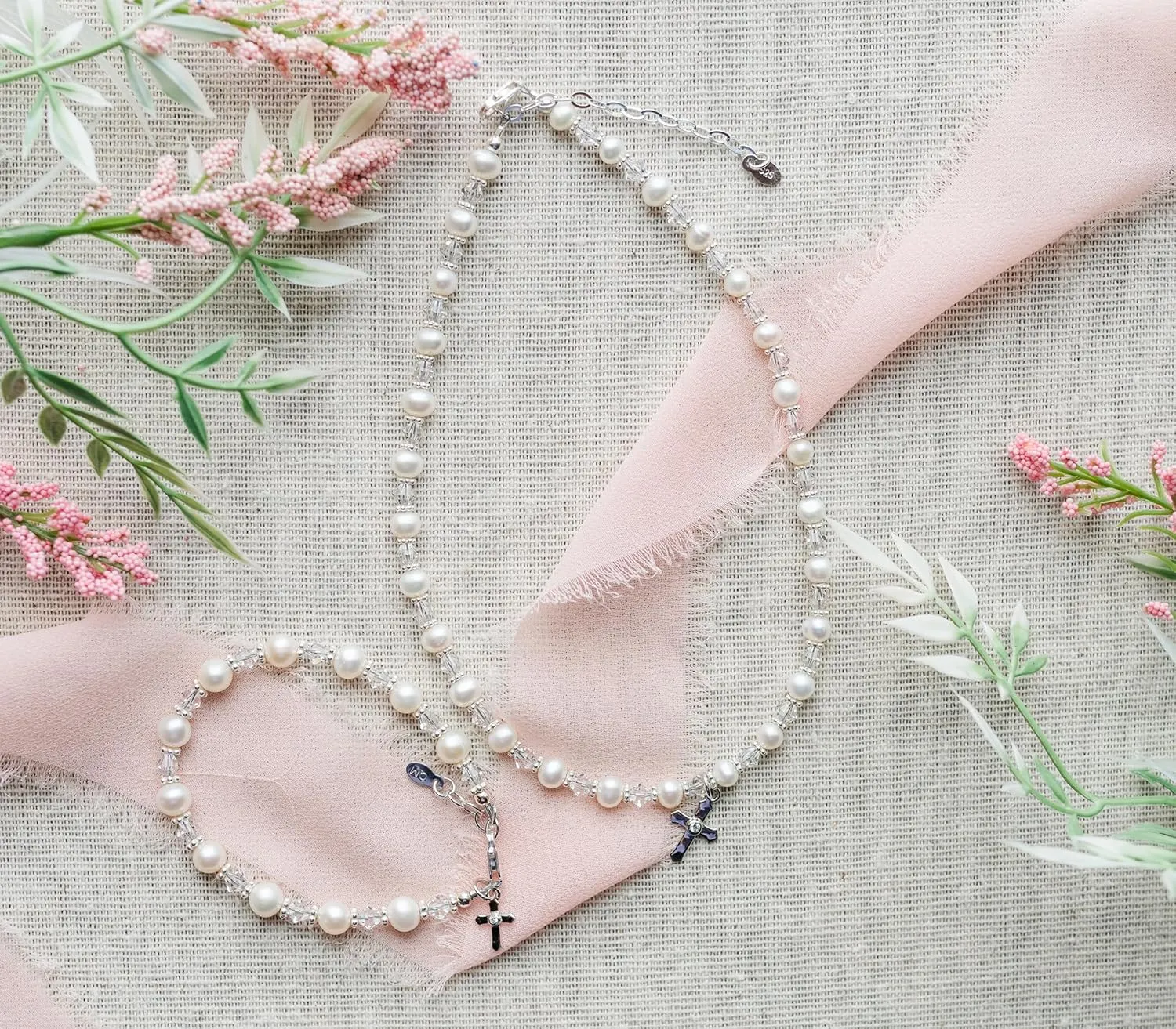 Precious Pieces Children's Sterling Silver Cross Bracelet and/or Necklace with Cultured Pearl and Crystal First Communion, Baptism or Christening Gift