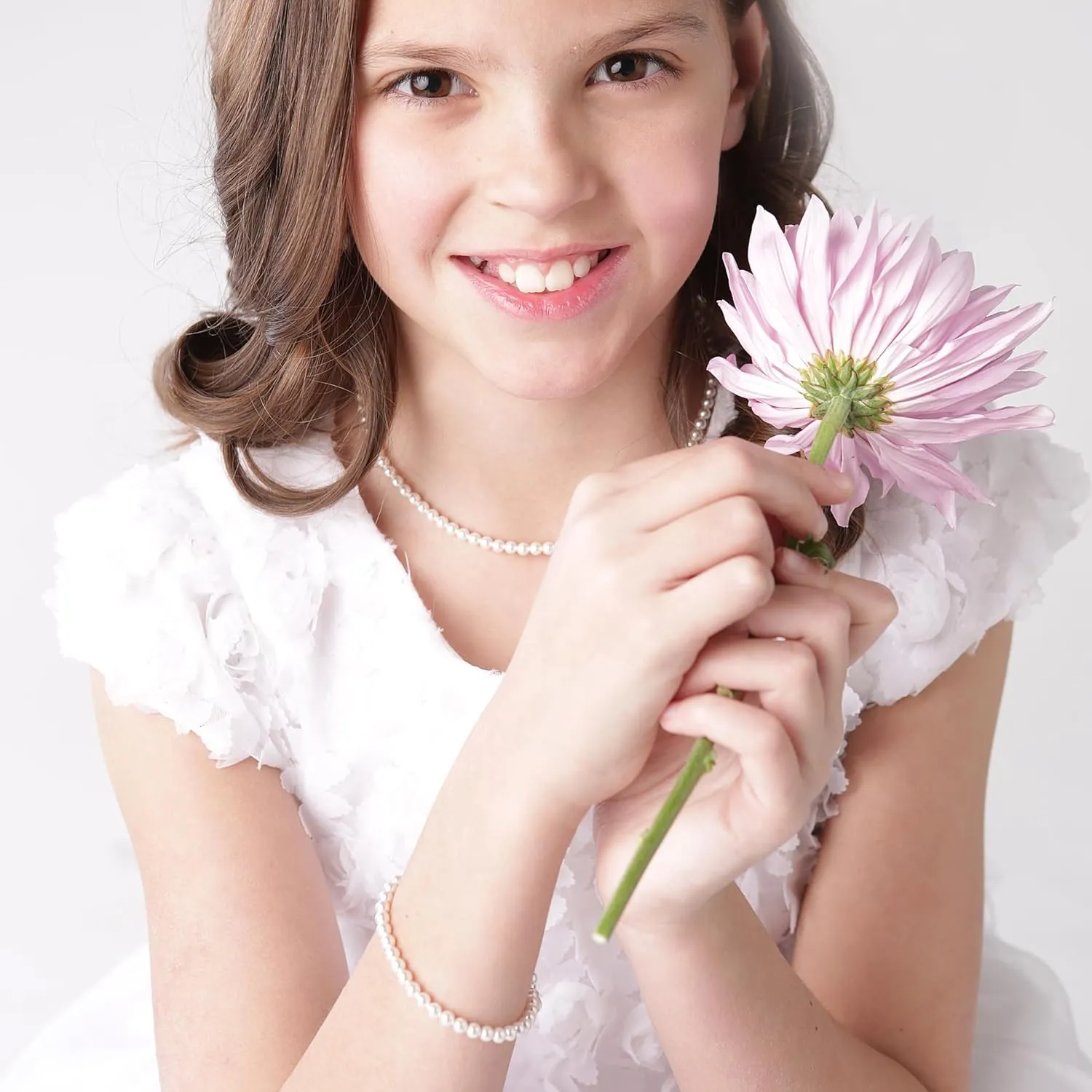 Precious Pieces Children's Sterling Silver Flower Girl High-End Austrian Simulated Pearl Bracelet, Necklace or Set for Girls, Toddlers, or Kids