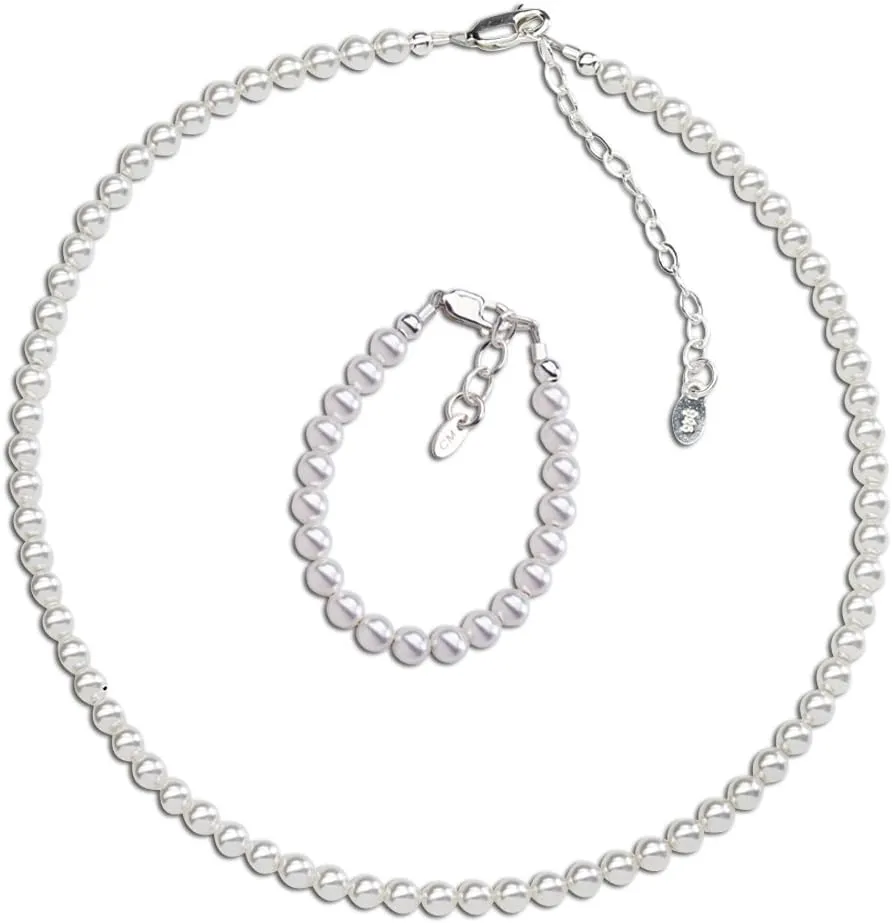 Precious Pieces Children's Sterling Silver Flower Girl High-End Austrian Simulated Pearl Bracelet, Necklace or Set for Girls, Toddlers, or Kids