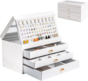 ProCase Jewelry Box for Women Girls, 4-Layer Large Jewelry Organizer Box with Glass Lid, Valentines Gift Jewelry Holder Organizer Jewelry Storage Case for Earrings Bracelet Necklace Rings -Whiteweave