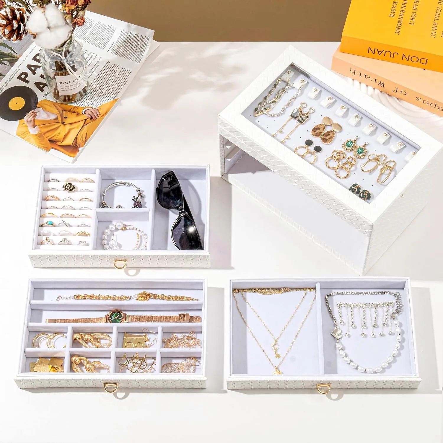 ProCase Jewelry Box for Women Girls, 4-Layer Large Jewelry Organizer Box with Glass Lid, Valentines Gift Jewelry Holder Organizer Jewelry Storage Case for Earrings Bracelet Necklace Rings -Whiteweave