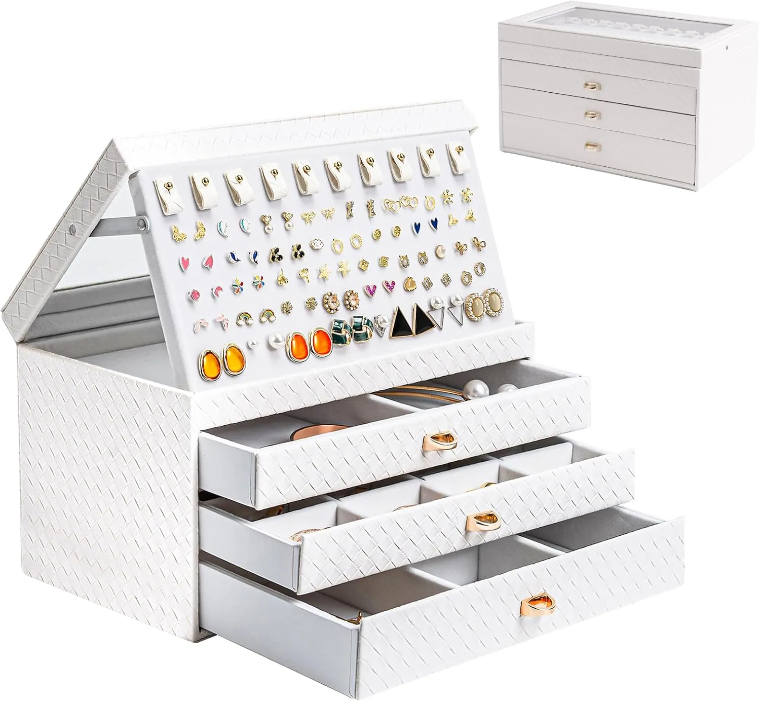 ProCase Jewelry Box for Women Girls, 4-Layer Large Jewelry Organizer Box with Glass Lid, Valentines Gift Jewelry Holder Organizer Jewelry Storage Case for Earrings Bracelet Necklace Rings -Whiteweave