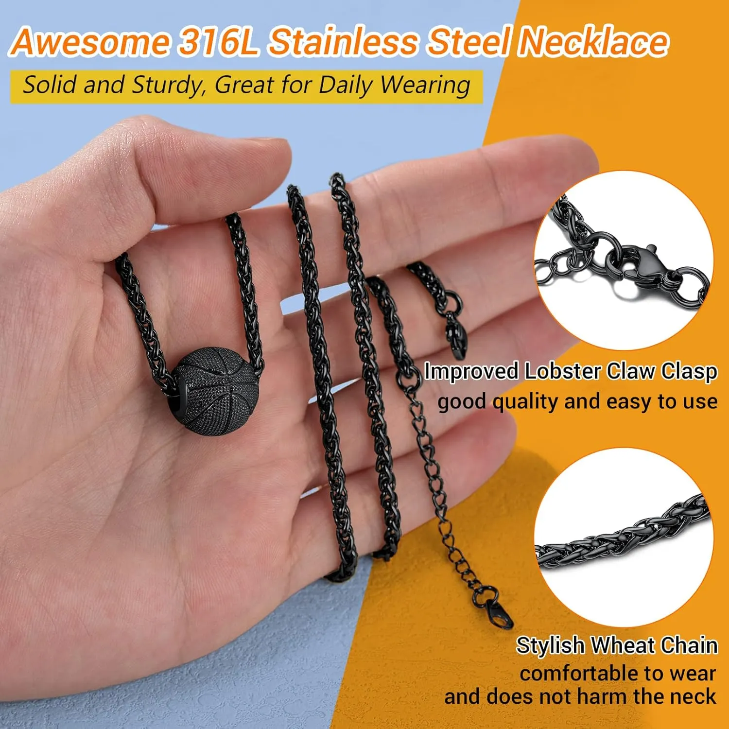 PROSTEEL 316L Stainless Steel 3D Football/Basketball/Volleyball/Baseball/Rugby Ball Cool Necklaces for Men, Sports Players Favors Jewelry, 22inch, Come with Box