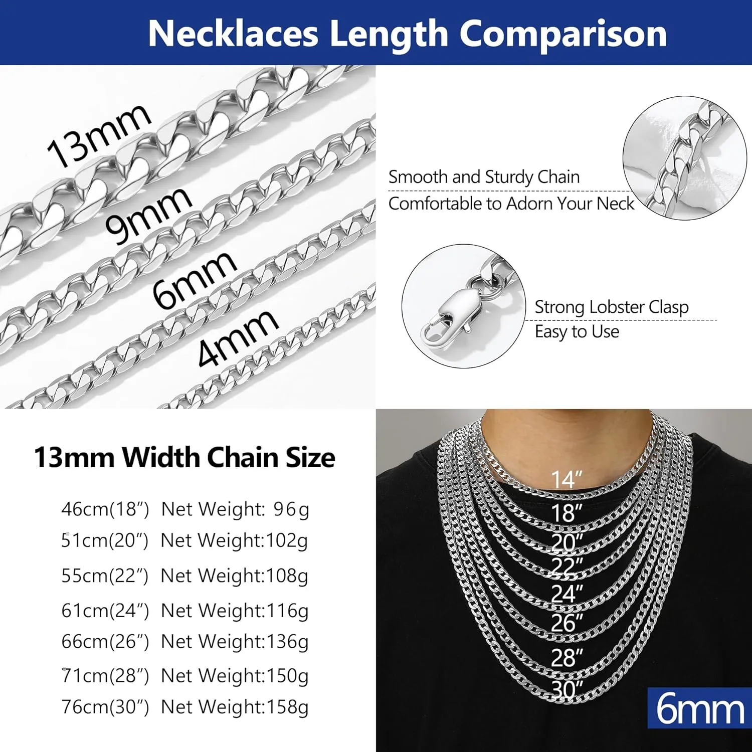 PROSTEEL 316L Stainless Steel Cuban Link Chain Necklaces for Men, Black/18K Gold Plated, Hypoallergenic Jewelry, 4mm-13mm, 14"-30", Come with Box
