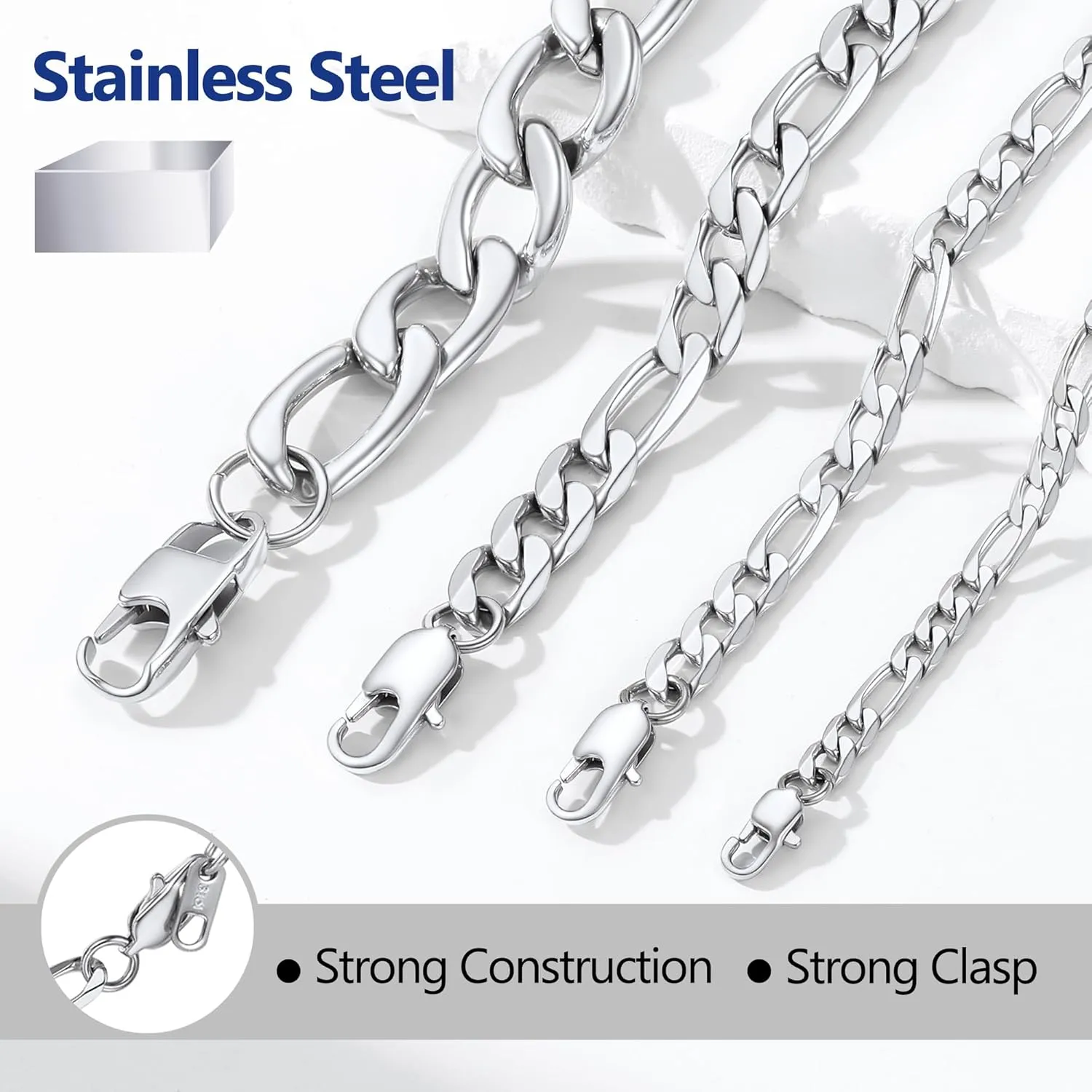 PROSTEEL 316L Stainless Steel Figaro Chain Necklace for Men, Black/18K Real Gold Plated, 4mm to 13mm, 14inch to 30inch, Come with Box