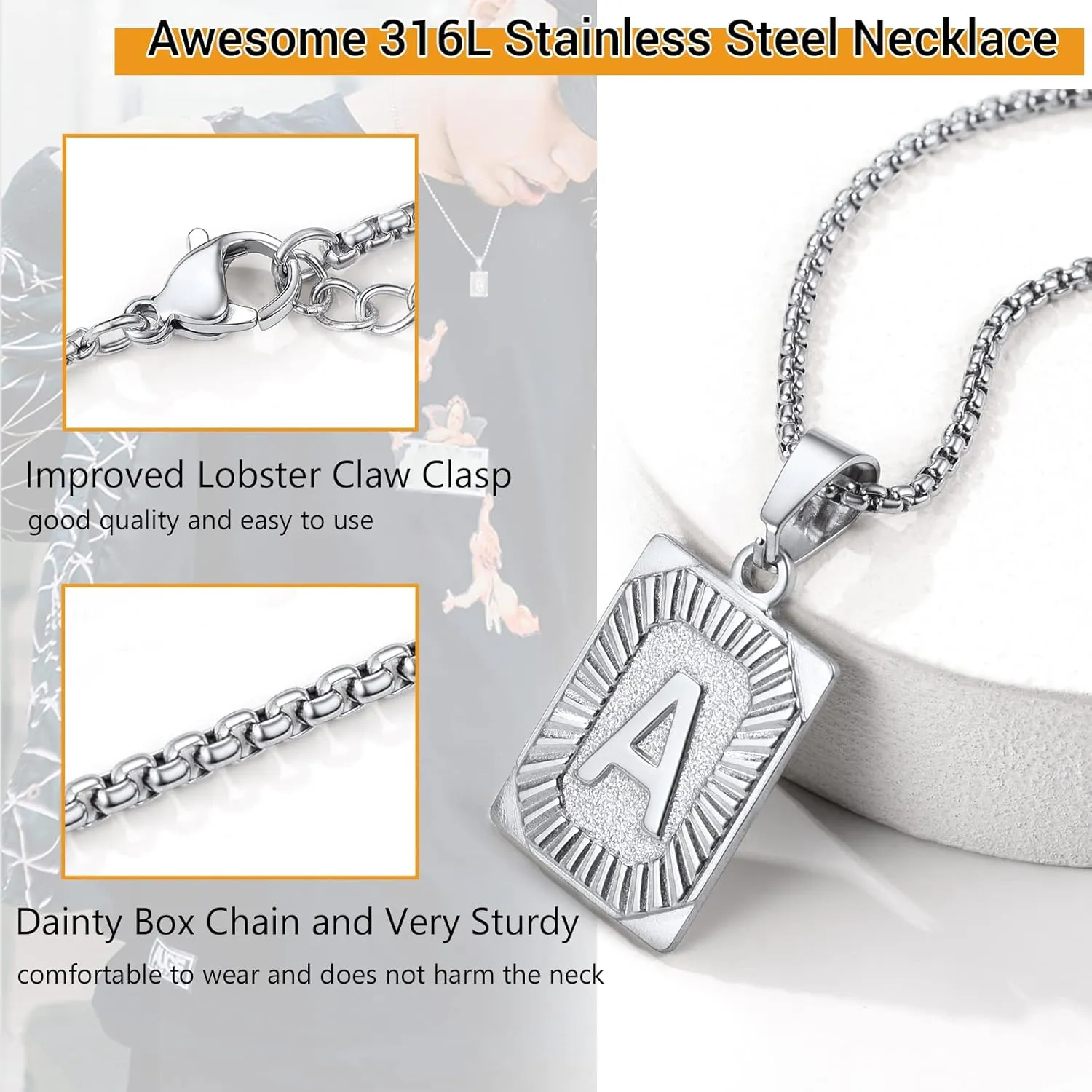 PROSTEEL Stylish Initial Necklace, Capital Letter Necklace A to Z, Silver/Gold/Black Tone, Customize Text Available, Box Chain 20-22 inch Adjustable