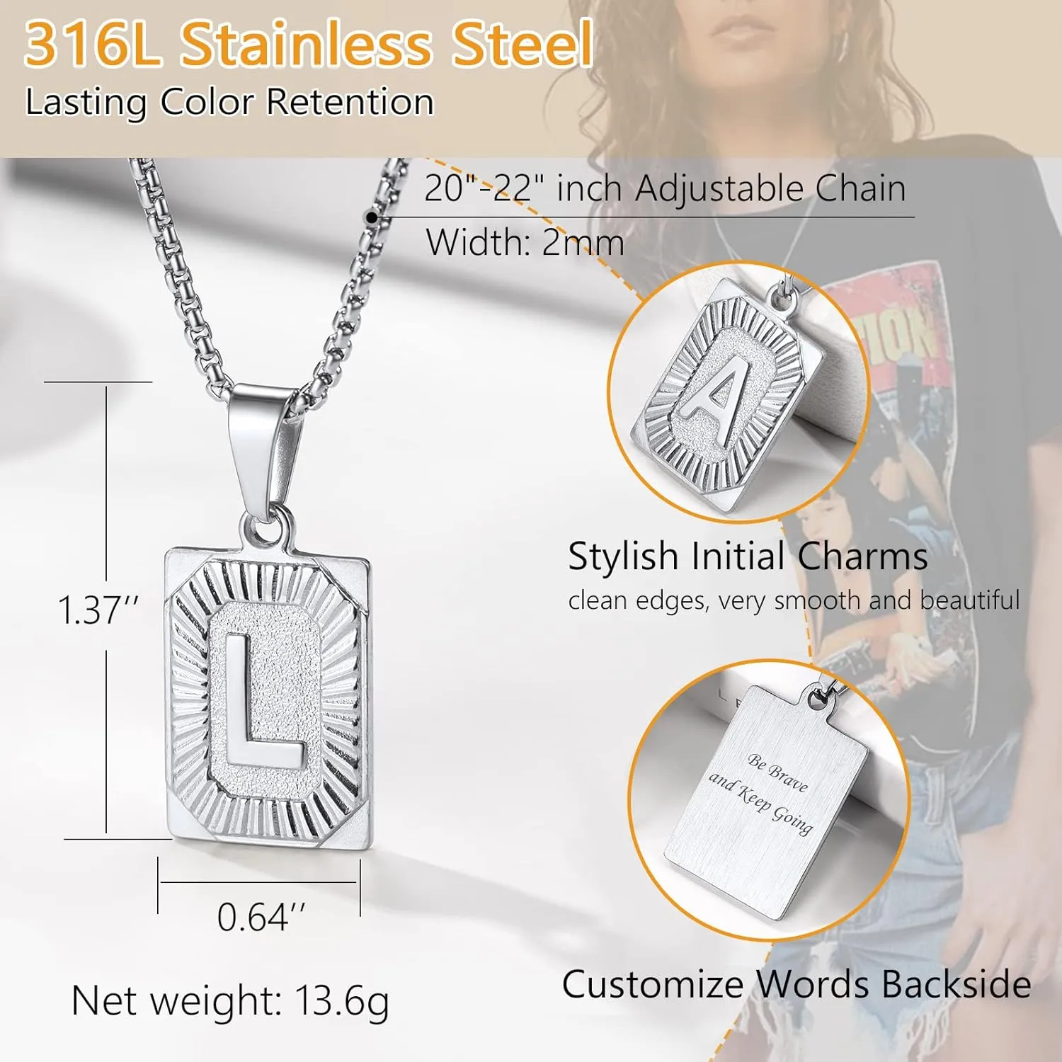 PROSTEEL Stylish Initial Necklace, Capital Letter Necklace A to Z, Silver/Gold/Black Tone, Customize Text Available, Box Chain 20-22 inch Adjustable