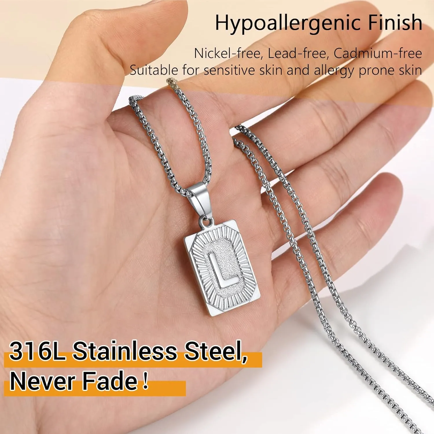 PROSTEEL Stylish Initial Necklace, Capital Letter Necklace A to Z, Silver/Gold/Black Tone, Customize Text Available, Box Chain 20-22 inch Adjustable