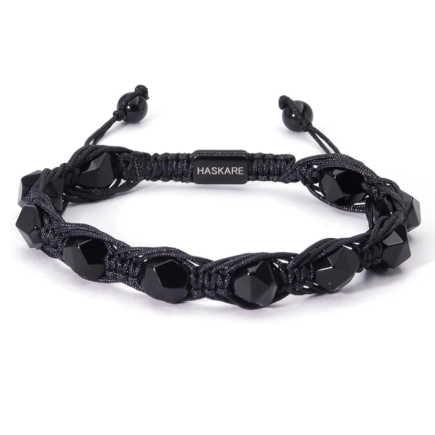 Protection Crystals Black Stone Bracelet for Men, HASKARE Handmade Gifts for Him Faceted Beaded Bracelet for Men, Drawstring Unique Handcrafted Natural Black Obsidian Beads Bracelet for Dad Father Son