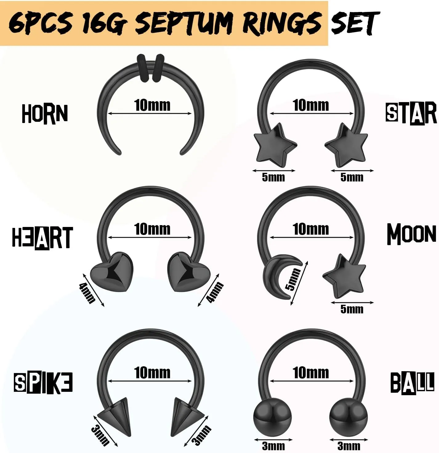 PunkTracker 16G Septum Rings Star Heart Septum Jewelry Surgical Steel Horseshoe Nose Rings Eyebrow Lip Navel Belly Nipple Piercing Rings Helix Tragus Daith Rook Earrings