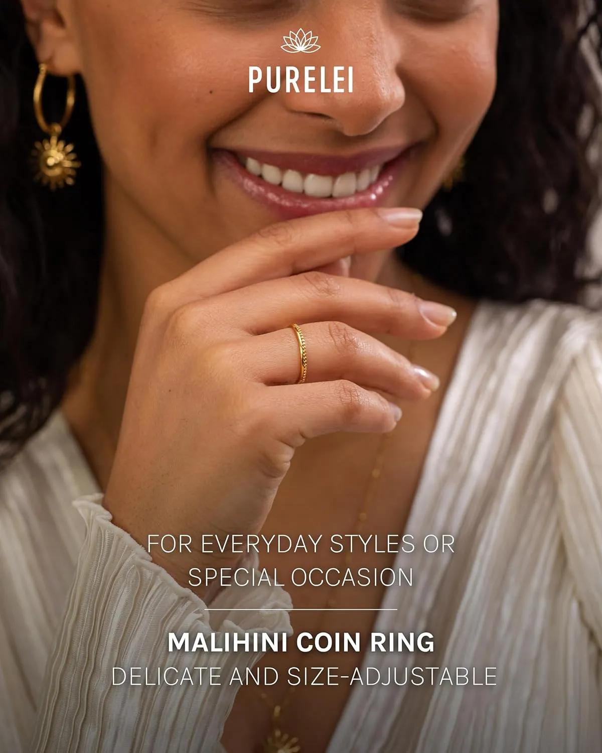 Purelei Malihini Coin Ring Adjustable  Delicate, Adjustable Ring in Gold, Silver, and Rose Gold  Oriental-Inspired Design  Sizes S/M and M/L  Stainless Steel