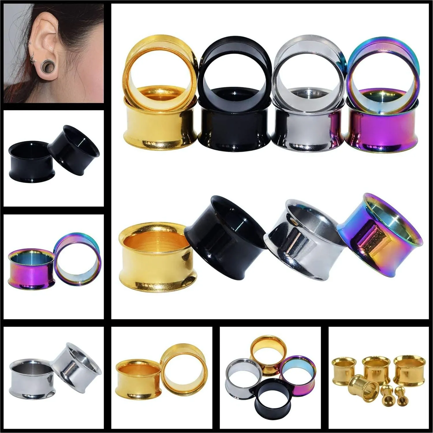 Qmcandy 18pcs or 8pcs 8g-5/8 in Organic Stone & Stainless Steel Mixed Ear Tunnels Stretching Plugs Piercing