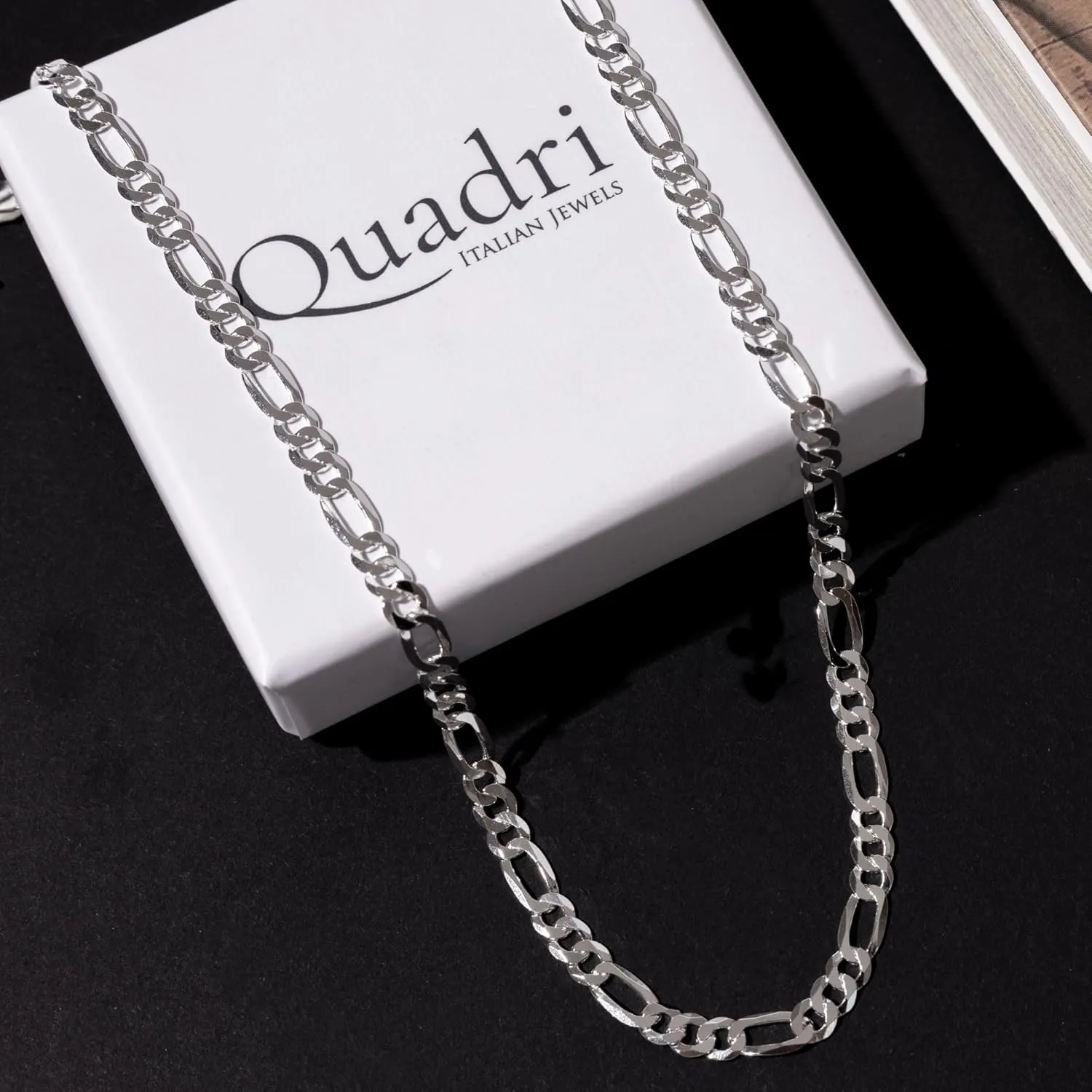 QUADRI Figaro Sterling Silver Chain for Men, 5mm Italian Link Necklace, 16-30 Inch, 925 Sterling Silver Diamond-Cut, Cadena de Plata 925 para Hombre, Made in Italy, Gift Box Included