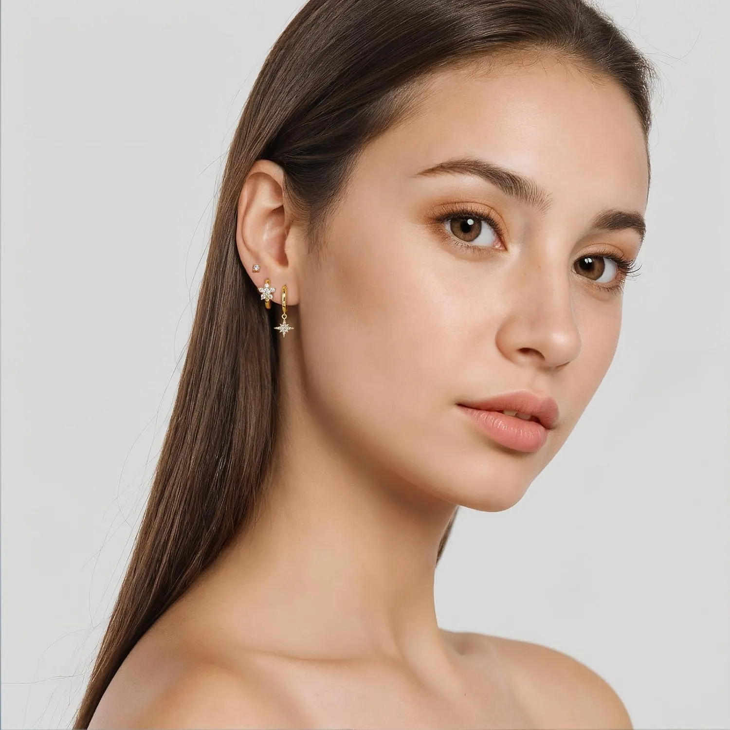 QUINBY 3 Pairs Star Earrings for Women,14K Gold Plated on 925 Sterling Silver,Lightweight earrings,Hypoallergenic,Nickel-Free Celestial Jewelry for Everyday,Special Occasions