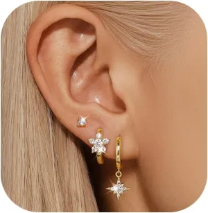 QUINBY 3 Pairs Star Earrings for Women,14K Gold Plated on 925 Sterling Silver,Lightweight earrings,Hypoallergenic,Nickel-Free Celestial Jewelry for Everyday,Special Occasions
