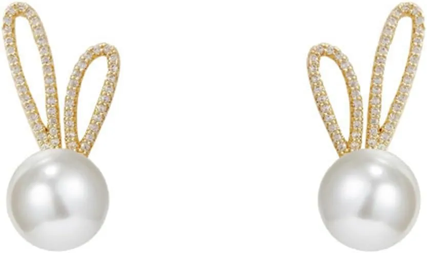Rabbit Pearl Small Earrings Gold Plated Charm Easter Bunny Animal Pet Chic Crystal Cubic Zirconia Stud Earrings for Women Minimalist Birthday Festival Party Spring Holiday Jewelry Gifts