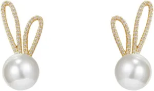Rabbit Pearl Small Earrings Gold Plated Charm Easter Bunny Animal Pet Chic Crystal Cubic Zirconia Stud Earrings for Women Minimalist Birthday Festival Party Spring Holiday Jewelry Gifts