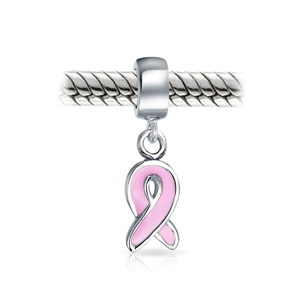 Radiant Pink Ribbon Hope Dangle Charm Bead - Sterling Silver for European Bracelets